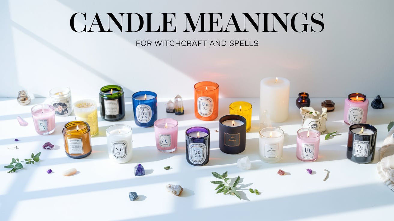 A bright, organized display of jar candles in various colors such as pink, purple, blue, yellow, orange, and white, each representing different candle wax color meanings in witchcraft. The scene is decorated with crystals, greenery, and small trinkets, emphasizing color correspondences in candle magic. This clean aesthetic is ideal for a color palette for candle businesses or a guide to candle magick spells and spiritual candles color meanings.