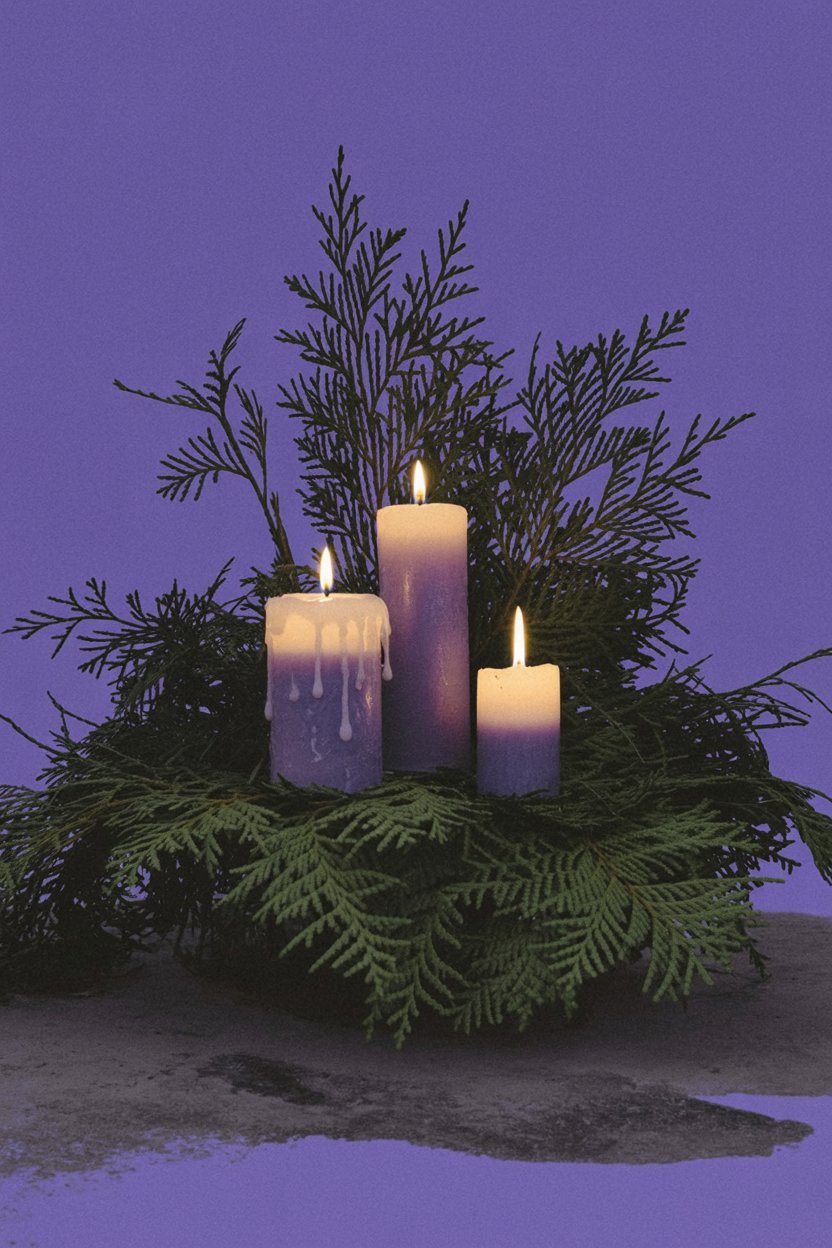 Candlelight illuminates cypress and evergreen arranged for evening devotion Three lit candles of different heights surrounded by cypress and evergreen branches represent the three aspects of Hekate and the accumulating power of repeated prayer. The intimate lighting and natural wreath formation show the beauty of simple, consistent devotional practice mentioned in building altar relationships.