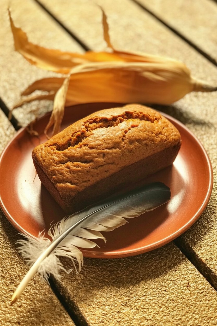 Corn husk and feather mark pumpkin bread as American land based magic Corn husk signals Indigenous agricultural heritage predating European contact by thousands of years. Maize cultivation shaped this continent's food systems. Feather adds land-based practice marker. Pumpkin grew sacred to Indigenous peoples before colonization, survived multiple attempts at cultural genocide, shows up every October anyway. The post argues that baking with pumpkin at Samhain creates authentically American folk magic rooted in this soil rather than imported European traditions you're trying to recreate from books. Earth-red terracotta plate and natural jute fiber surface reinforce grounding in place. Showing these elements together maps the post's core claim: effective folk magic comes from the land you're actually standing on, not the land your ancestors left.