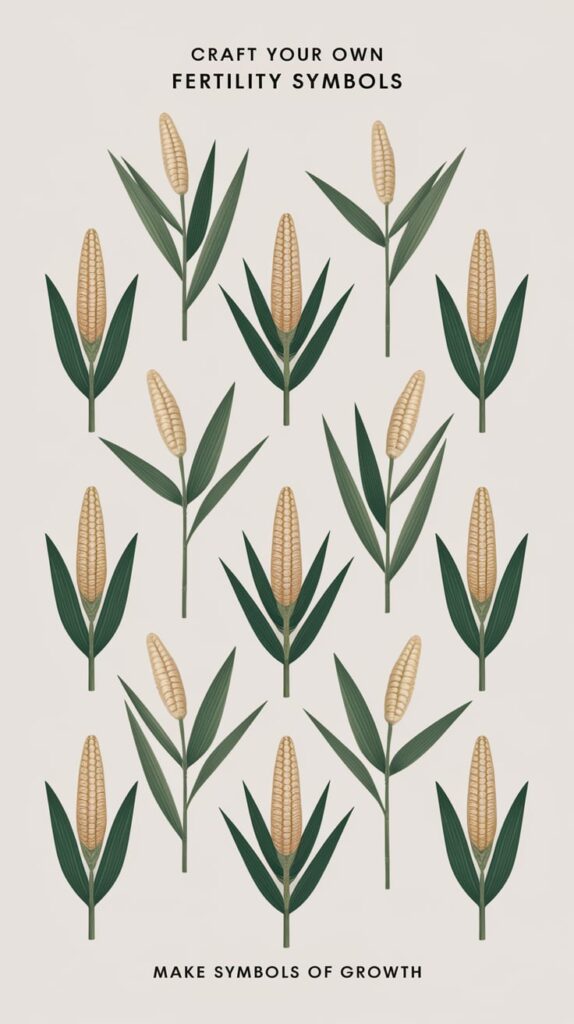Craft Your Own Fertility Symbols ‘Craft Your Own Fertility Symbols’ — minimal sans serif, middle, soft greens and whites, delicate straw corn dollies, hands gently working; bottom caption: ‘Make symbols of growth’
