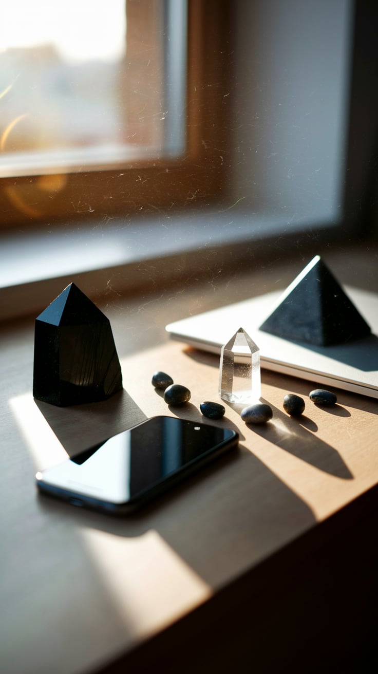 A wooden desk beside a window captures morning light falling across an arrangement of EMF-blocking crystals placed near electronic devices. The slightly off-kilter photograph shows a piece of raw black tourmaline positioned protectively beside a smartphone that's been placed face-down, while a small pyramid of shungite sits atop a closed laptop in the background. A natural piece of fulgurite, with its distinctive lightning-struck glass formation, leans against the base of a desk lamp whose cord is visible trailing off the edge of the desk. Several smaller protective stones are arranged in a loose semicircle—a tumbled piece of amazonite with its characteristic blue-green hue, a small chunk of raw magnetite with its metallic luster, and a piece of pyrite catching golden highlights from the window light. A clear quartz point stands upright in the center of this protective arrangement, seemingly amplifying the protective properties of the darker stones surrounding it. The photograph captures dust particles floating in the sunbeam crossing the scene, with natural shadows falling across parts of the desk and slight lens flare in one corner, giving the image an authentic, unplanned quality that suggests someone documenting their personal EMF protection setup rather than a professionally staged photo.