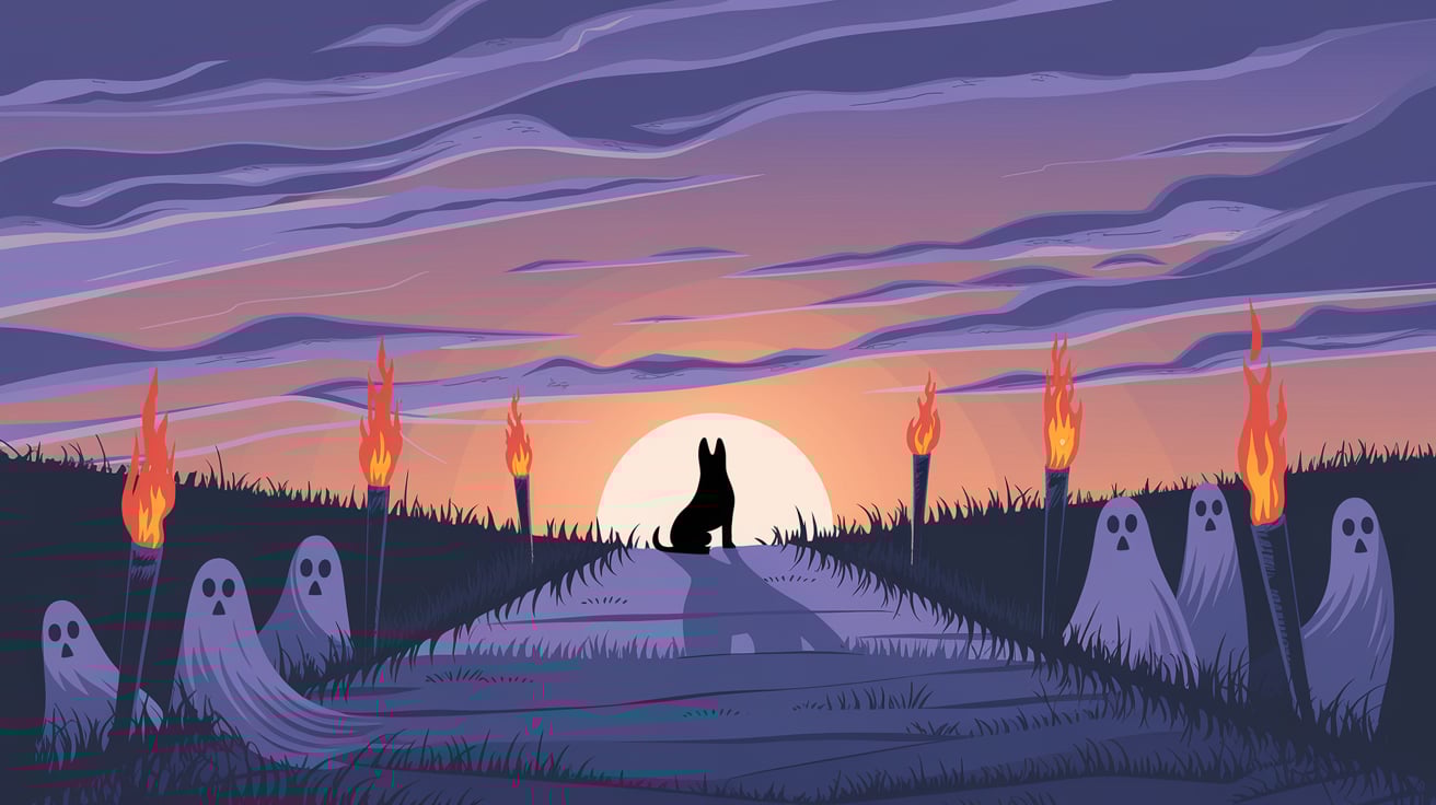 A mystical depiction of a pathway illuminated by torches, surrounded by ghostly figures, leading to the silhouette of a hound under the full moon. This scene captures the sacred atmosphere of invoking Hekate during Samhain or other rituals.