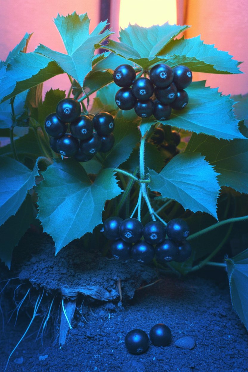 Represents the visual appeal of toxic plants that witches might forage without proper botanical knowledge. The lustrous berries and vibrant foliage look inviting rather than dangerous, demonstrating why baneful herb identification is critical—deadly nightshade and other poisonous plants often appear beautiful and tempting in natural settings.
