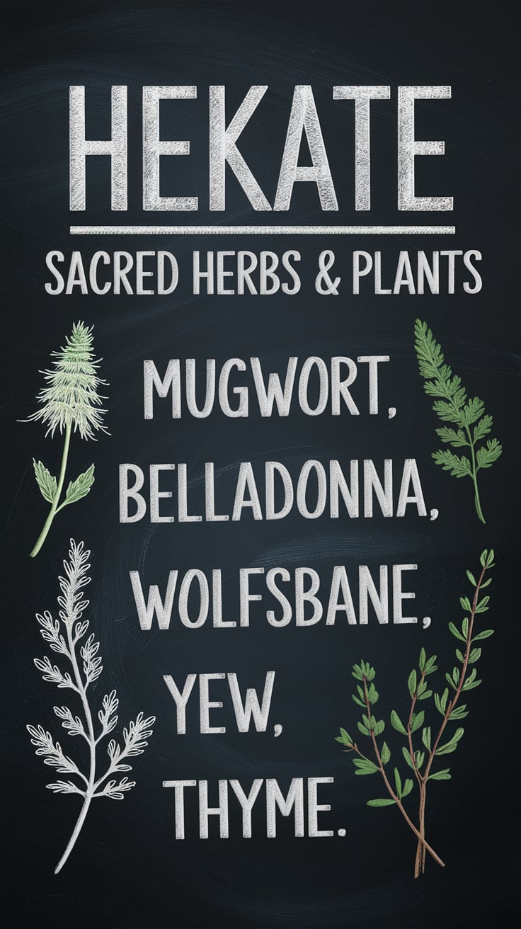 Sacred herbs and plants associated with Hekate, such as mugwort, belladonna, and wolfsbane, illustrated with botanical drawings. Incorporate these herbal correspondences into your rituals, spells, or Hekate altar.