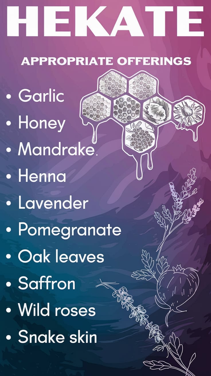 A curated list of offerings for Hekate featuring sacred items like garlic, honey, pomegranate, and snake skin, beautifully presented with illustrations of herbs and fruits. This design showcases essential Hekate correspondences for your altar or ritual setup.