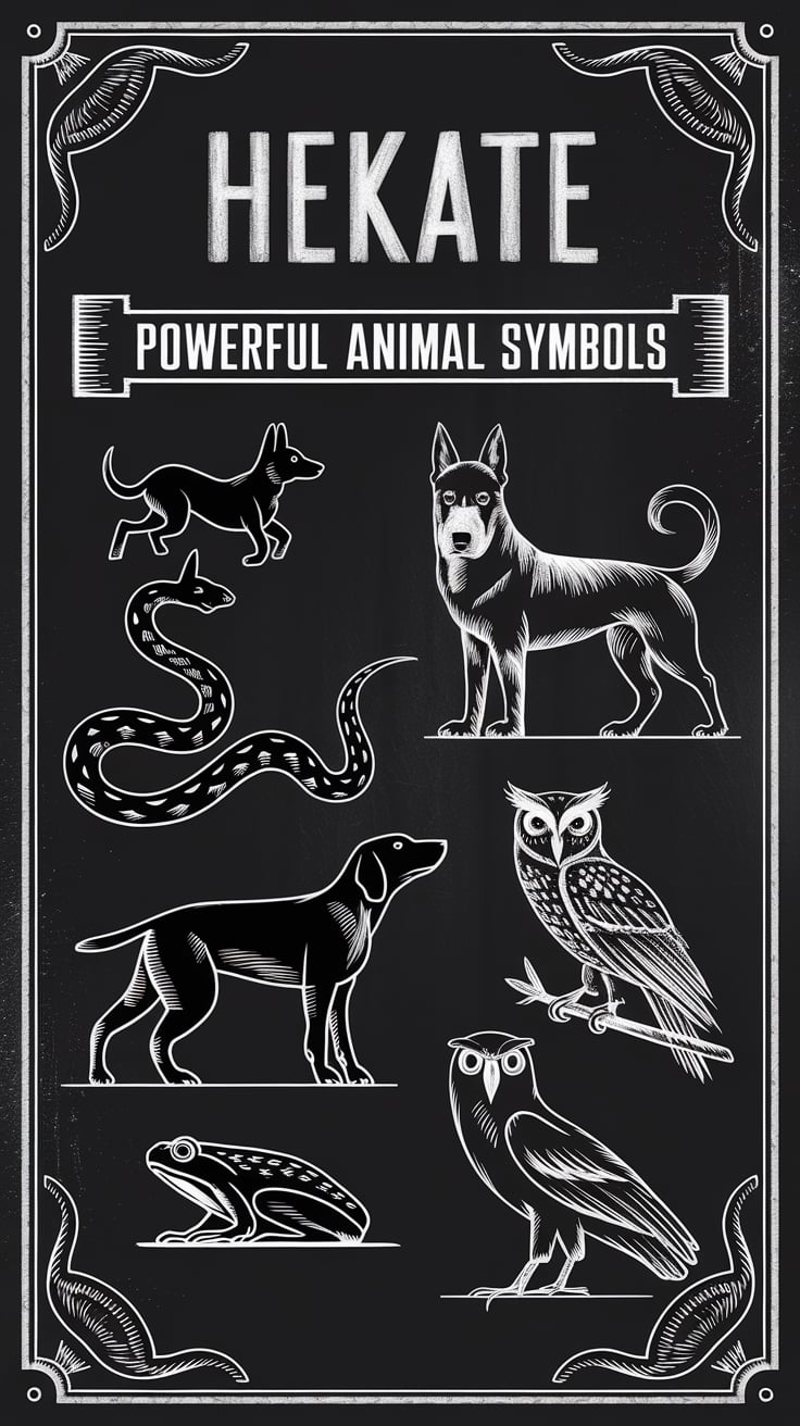 Powerful animal symbols connected to Hekate, featuring black dogs, serpents, owls, and frogs. This design highlights sacred animals for invoking Hekate’s energy and enriching your altar or spiritual practices.