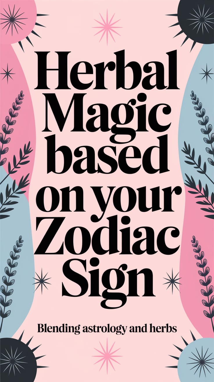 ‘Herbal Magic Based on Your Zodiac Sign’ — bold serif, upper third, pastel pinks and blues, herbs labeled with signs; bottom caption: ‘Blending Astrology and Herbs’