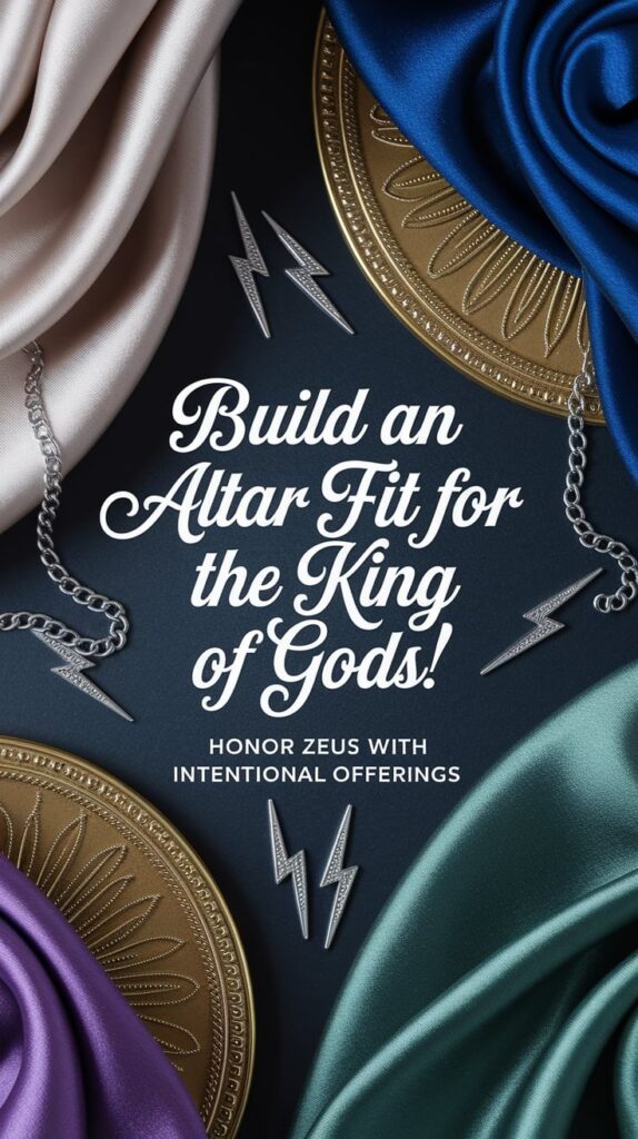 ‘Build an Altar Fit for the King of Gods’ — dramatic script font, large and centered, rich fabrics in royal colors, lightning bolt charms; bottom caption: ‘Honor Zeus with intentional offerings’