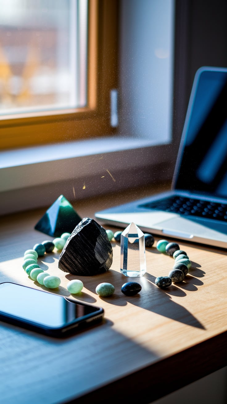 A wooden desk beside a window captures morning light falling across an arrangement of EMF-blocking crystals placed near electronic devices. The slightly off-kilter photograph shows a piece of raw black tourmaline positioned protectively beside a smartphone that's been placed face-down, while a small pyramid of shungite sits atop a closed laptop in the background. A natural piece of fulgurite, with its distinctive lightning-struck glass formation, leans against the base of a desk lamp whose cord is visible trailing off the edge of the desk. Several smaller protective stones are arranged in a loose semicircle—a tumbled piece of amazonite with its characteristic blue-green hue, a small chunk of raw magnetite with its metallic luster, and a piece of pyrite catching golden highlights from the window light. A clear quartz point stands upright in the center of this protective arrangement, seemingly amplifying the protective properties of the darker stones surrounding it. The photograph captures dust particles floating in the sunbeam crossing the scene, with natural shadows falling across parts of the desk and slight lens flare in one corner, giving the image an authentic, unplanned quality that suggests someone documenting their personal EMF protection setup rather than a professionally staged photo.
