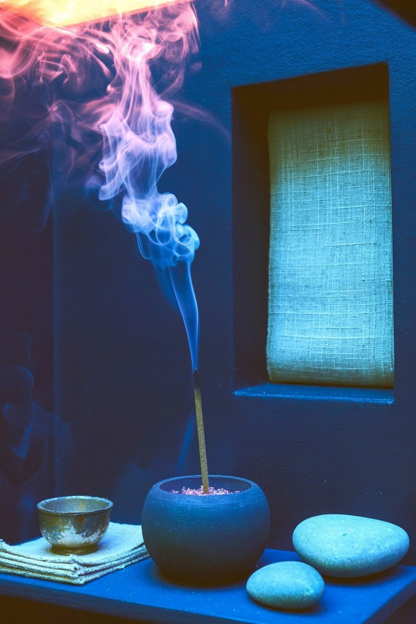 Captures the visual beauty of ritual incense while showing how much smoke accumulates in enclosed spaces. The window in the background—notably not open—emphasizes the ventilation oversight that leads to respiratory exposure. The vibrant pink-to-blue smoke trail makes invisible air quality dangers visible, showing why many practitioners don't notice harmful particulate buildup during spellwork.