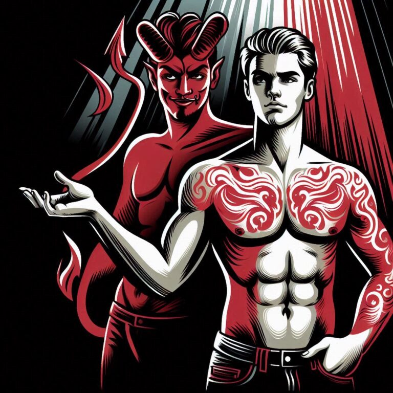Illustration of King Asmodeus, demon of lust and desire, standing confidently with muscular build, emphasizing assertive energy and sexual magnetism.