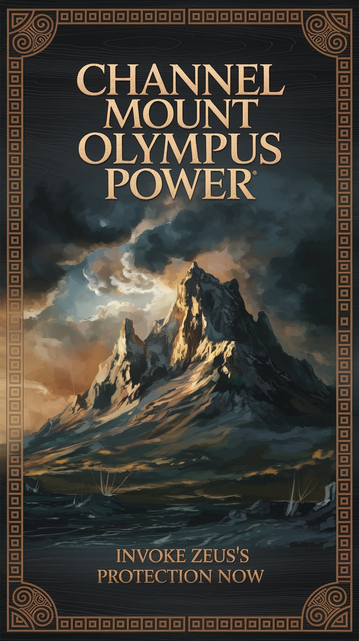 Invoke Zeuss protection now ‘Channel Mount Olympus Power’ — clean serif, middle placement, majestic gold accents on dark wood, storm imagery; bottom caption: ‘Invoke Zeus’s protection now’