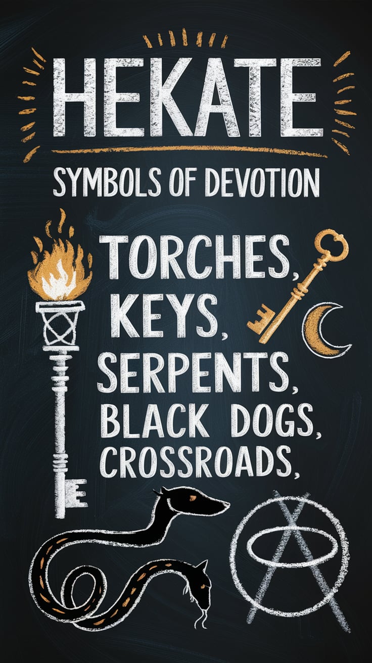 Symbols of devotion to Hekate, including torches, keys, serpents, and the crossroads, displayed in a chalkboard style. Perfect for understanding Hekate’s sacred magical correspondences and enhancing your altar design.