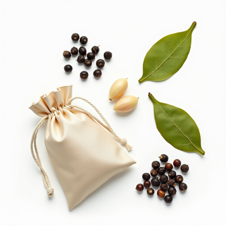 A simple protective sachet with garlic cloves, black peppercorns, and bay leaves ready for assembly in a traditional Hoodoo-inspired folk magic spell.