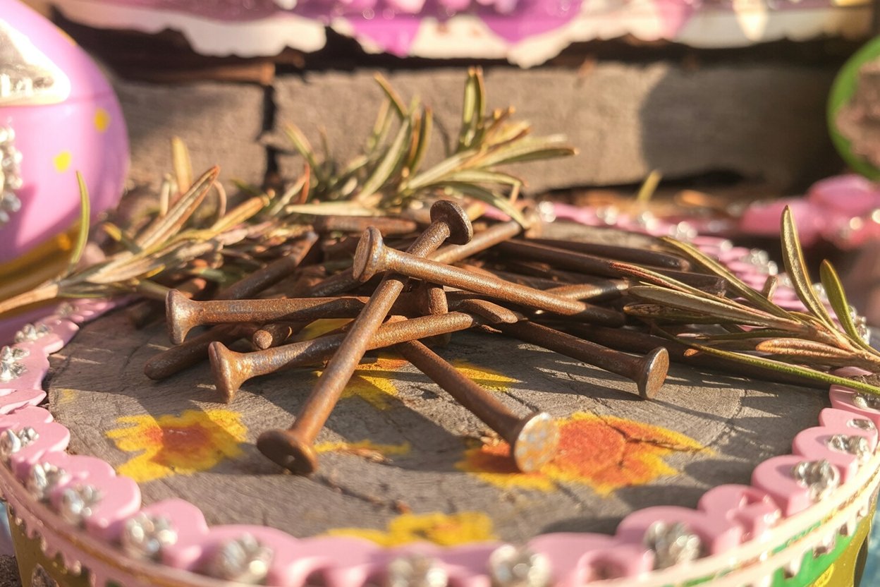 These rust-covered railroad spikes show why old nails work better than new ones in protection magic. The rust proves the iron has already defended itself against decay and time, which means it carries that defensive quality into your spell. Railroad spikes in particular spent decades creating boundaries (keeping trains on their tracks, holding infrastructure together), so they bring that boundary-holding energy with them. The visible rust and weathering make these indexical signs - they point to a history of endurance and resistance. Fresh nails work fine, but corroded metal that's already survived carries extra weight in boundary work.