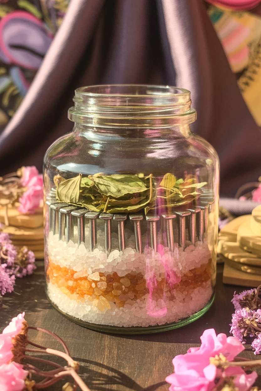 Salt absorbs negativity while iron nails repel harm in layered protection jar construction This protection jar shows the functional layering that makes the spell work continuously. White and pink Himalayan salt at the bottom creates the absorption layer, pulling negative energy into the jar and neutralizing it. Copper-brown iron nails in the middle layer provide the repulsion barrier, their rust and sharp points creating discomfort for anything trying to cross your boundary. Dried bay leaves at the top add psychic protection and prophetic awareness, so you can spot threats before they reach you. The clear glass lets you see the distinct layers, which matters because each material does different protective work. This is the spell's architecture made visible.