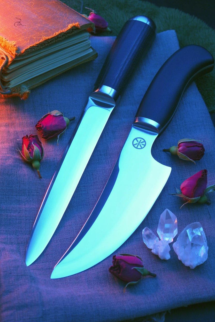 Illustrates the reality that many witches use kitchen knives as athames and ritual tools. The gleaming sharp edges alongside sacred elements like crystals, roses, and a grimoire show how dangerous implements become normalized in magical practice, where the sacred context can make practitioners forget to respect the blade's cutting power.
