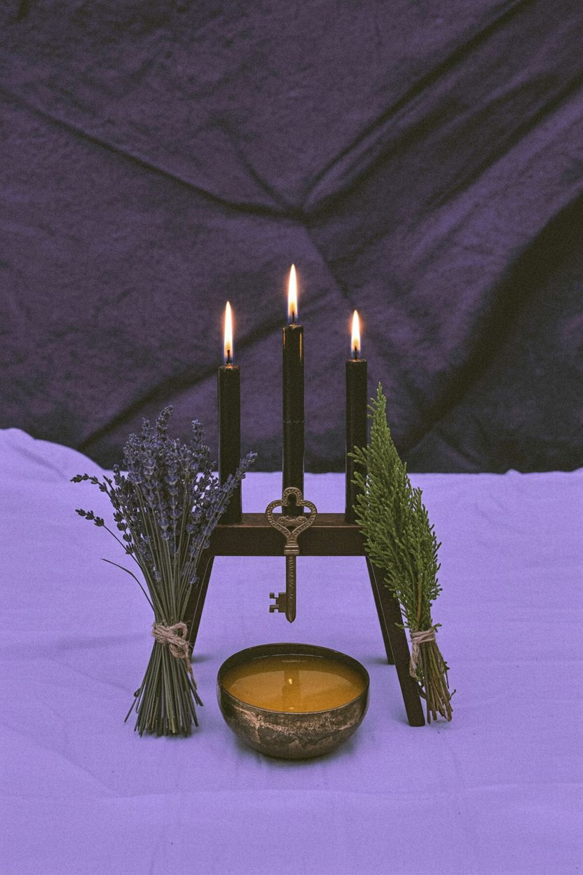 Three black candles burn beside bronze keys and dried offerings for Hekate An altar arrangement showing the three-part structure of Hekate devotion through lit black taper candles, antique brass keys representing her Kleidoukhos (key-holder) epithet, bundled lavender and cypress herbs for offerings, and a bronze bowl of honey. This image illustrates the practical setup for daily prayer practice.