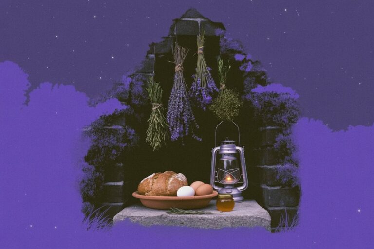 A nighttime altar displays classic Hekate offerings—rustic bread, brown eggs, and honey—with a lit hurricane lamp and dried herbs hanging overhead. This scene embodies the dark moon Deipnon practice and demonstrates the specific foods and presentation methods for consistent monthly devotion.