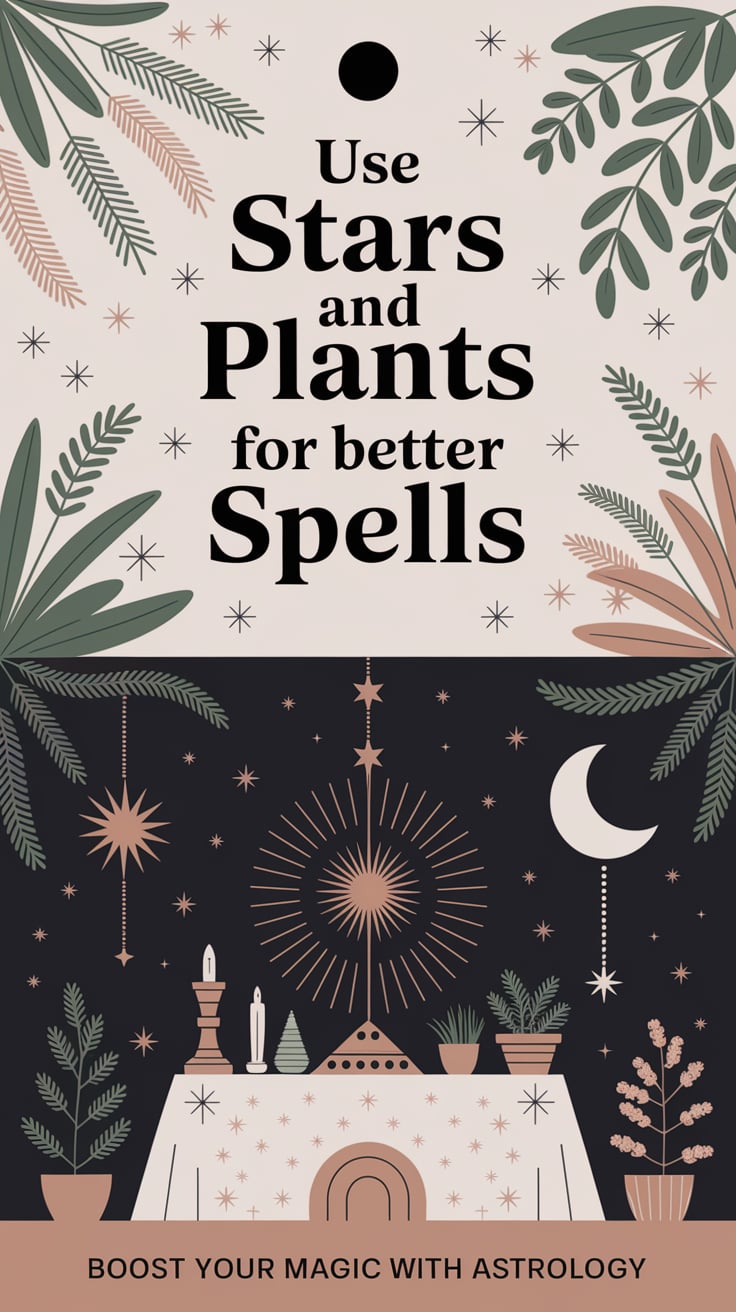 ‘Use Stars and Plants for Better Spells’ — large serif font, top third, soft earth tones, herbs on a mystical altar, moon and star decor; bottom caption: ‘Boost your magic with astrology’