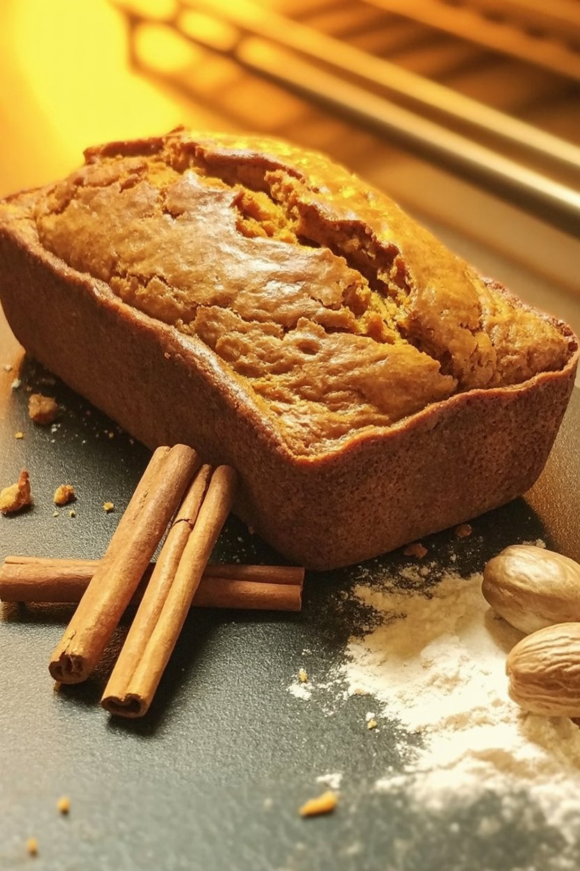 Whole cinnamon and nutmeg carry solar and divinatory power into ritual bread Kitchen witchcraft transforms ordinary ingredients through planetary correspondences that the post's magic section details: cinnamon ruled by Sun and fire element (balance for Samhain's darkness), nutmeg for divination and veil-piercing (the ancient spice trade route carried it west at extraordinary cost, people died for this spice). Showing spices whole before grinding reveals their material reality. Cinnamon's rolled cassia bark, nutmeg's wrinkled oval seeds. The cracked golden crust demonstrates successful fire alchemy producing entirely new substance from flour, pumpkin, spices, and heat. Matte black slate surface references Saturn (underworld, ancestors, death work, lead's weight) while warm golden light maintains solar balance.