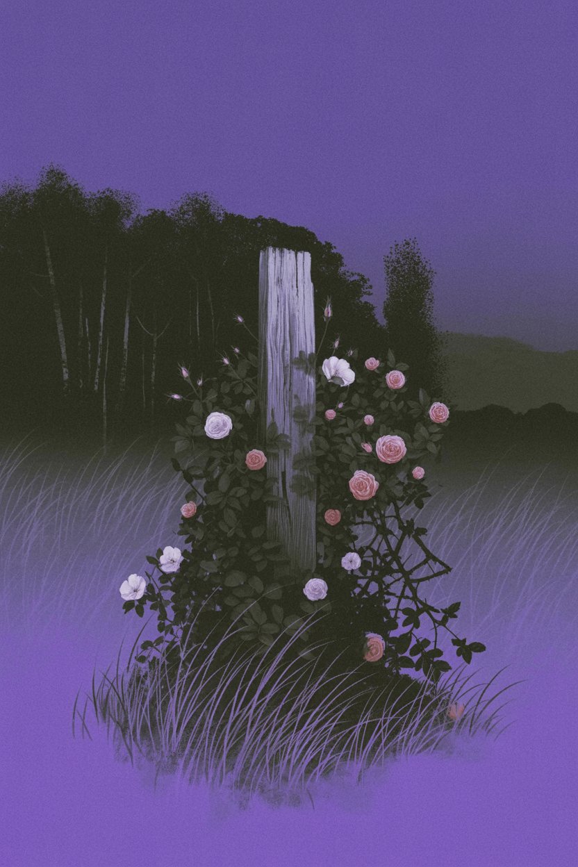 Wild roses bloom where the meadow meets the forest at dusk A weathered fence post at the boundary between cultivated meadow and wild forest represents Hekate's role as Propylaia, guardian of thresholds and liminal spaces. The twilight setting and border location illustrate when and where to pray, emphasizing her dominion over transitions and in-between places.