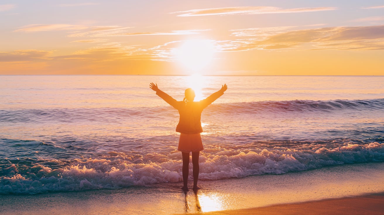ocean sunrise silhouette positivity vibes Silhouette of woman embracing the sunrise at the edge of the ocean, vibrant orange and pink hues reflecting positivity and energy. A spiritual and serene moment.