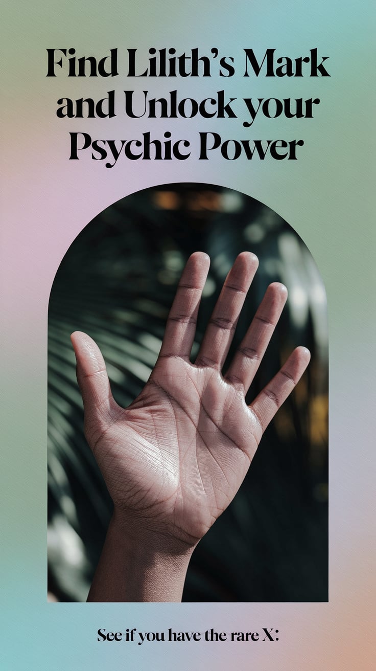 ‘Find Lilith’s Mark and Unlock Your Psychic Power’ — bold serif font, top center, soft pastel background, close-up of a palm with light, natural lighting; bottom caption: ‘See if you have the rare X’