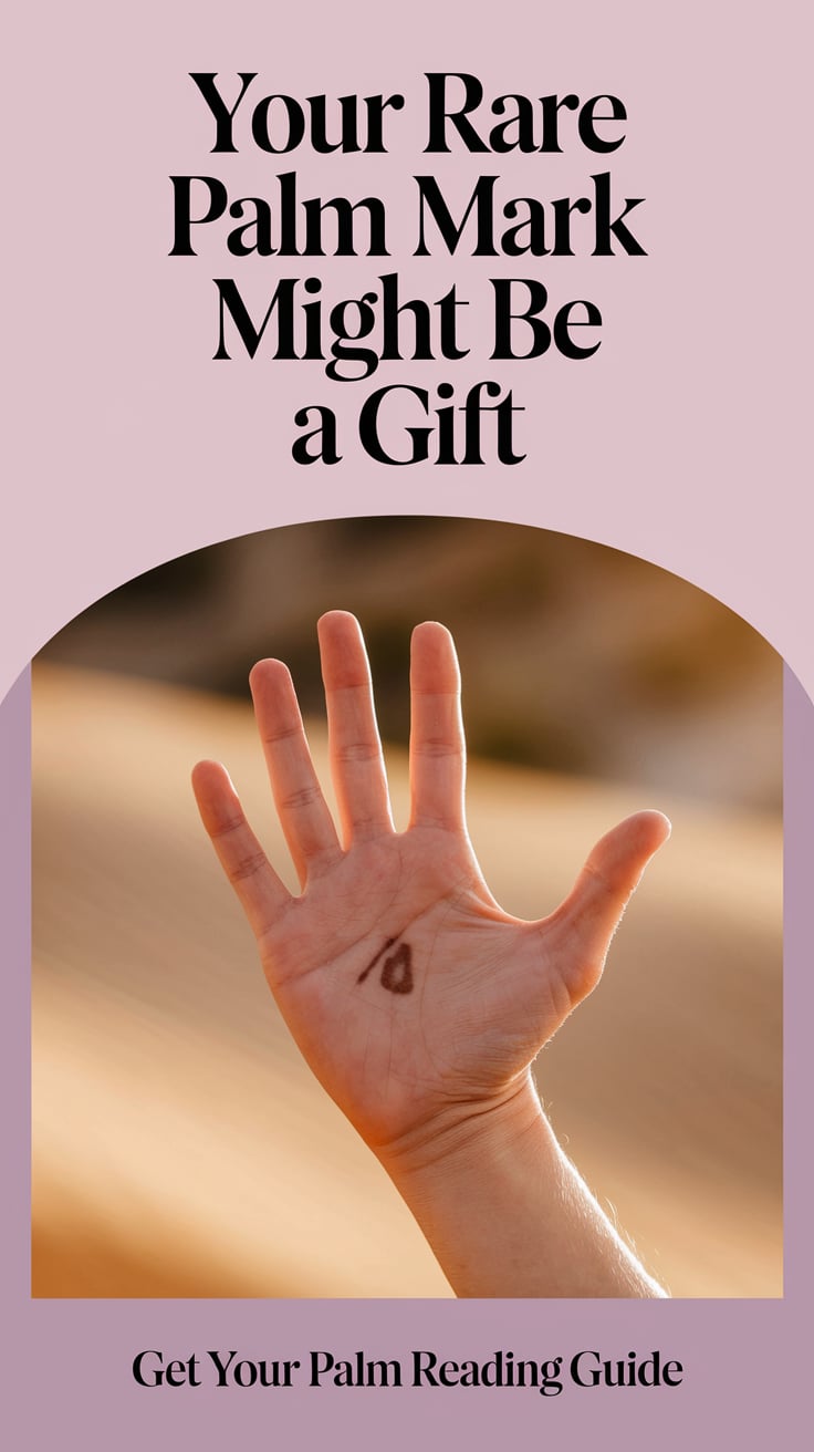 ‘Your Rare Palm Mark Might Be a Gift’ — bold serif, upper third, soft muted purple, zoomed-in palm detail, gentle focus; bottom caption: ‘Get your palm reading guide’