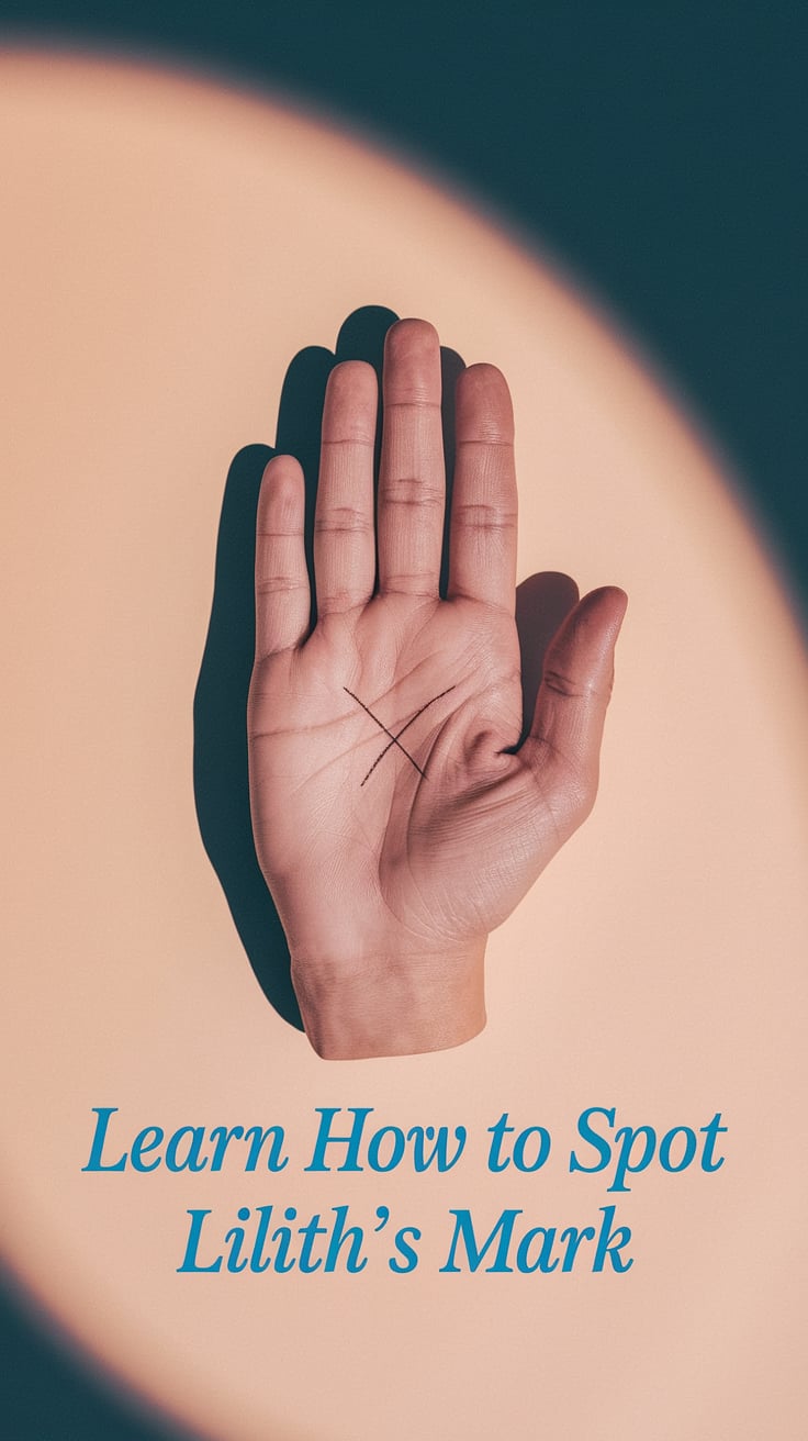 ‘Unsure About Your Palm? Look for the X’ — straightforward script, centered, calm blue pastel, clean palm image; bottom caption: ‘Learn how to spot Lilith’s mark’