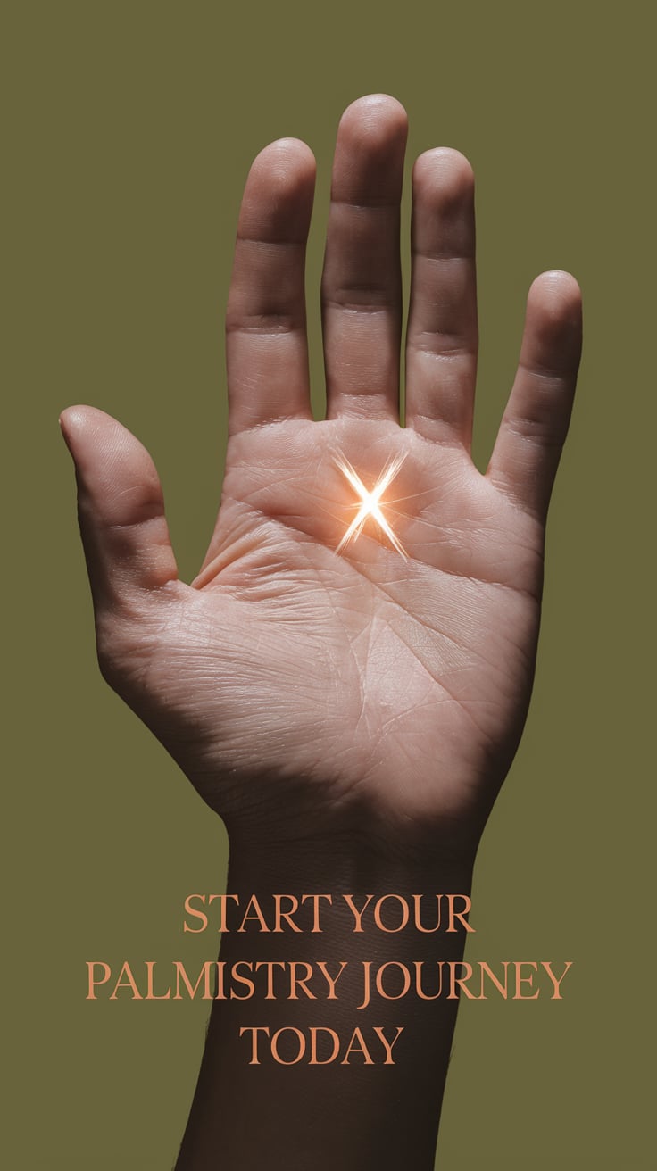‘The Rare X on Your Hand Could Show Your Power’ — bold, high, muted green background, palm with emphasis on the “X” spot; bottom caption: ‘Start your palmistry journey today’