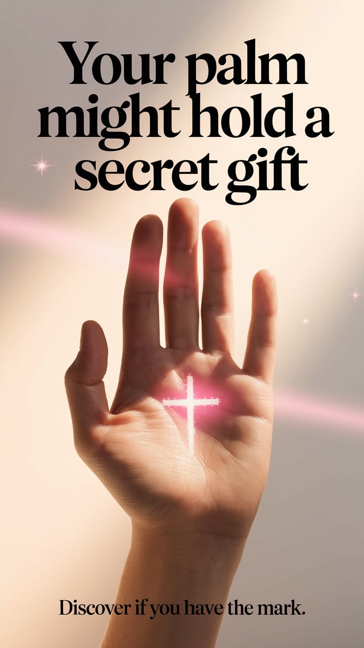 ‘Your Palm Might Hold a Secret Gift’ — big bold serif, top, gentle pink, simple hand with highlighted cross in middle; bottom caption: ‘Discover if you have the mark’