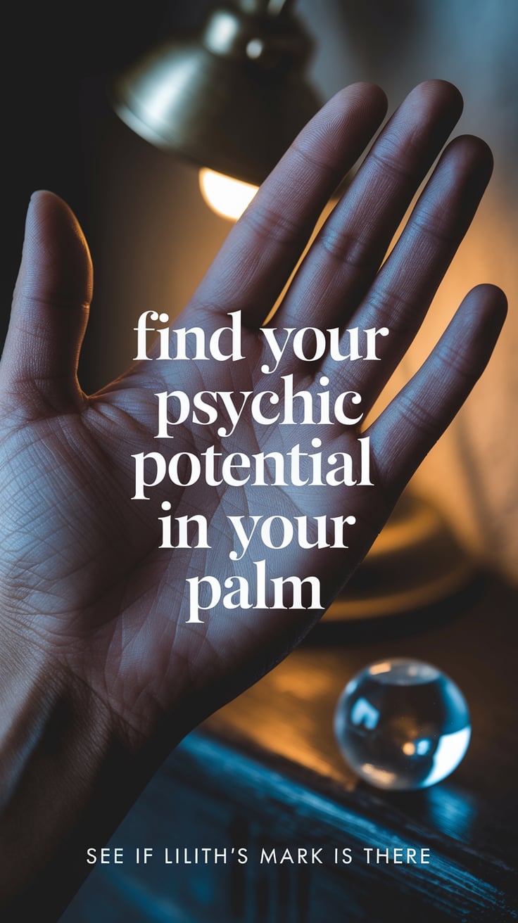 ‘Find Your Psychic Potential in Your Palm’ — modern sans serif, across middle, light lavender, detailed palm with focus on the crossing; bottom caption: ‘See if Lilith’s mark is there’