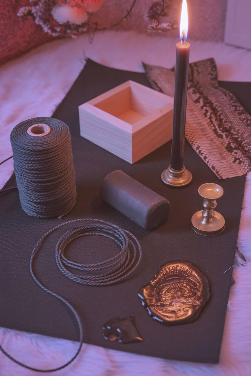 Black cord and sealing wax rest beside the empty box before binding begins A black candle burns in a brass holder, casting warm light over tools for binding work. Dark grey cotton cord lies coiled, ready to wind around harmful intention. An empty wooden box with open lid waits to contain what will be bound. A bronze wax seal stamp and snake-print fabric complete the supplies before the ritual starts.