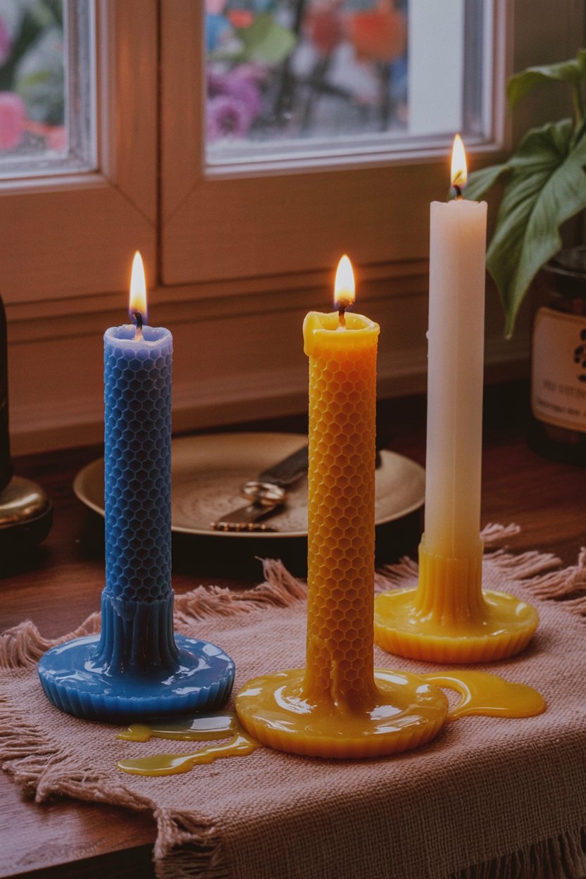 Blue candle for understanding burns first then yellow for memory then white for completion Three candles track three stages across different study days. Blue (Thursday, Jupiter) for grasping big concepts. Yellow (Wednesday, Mercury) for memorizing details. White for bringing it all together. The honeycomb texture shows these are beeswax, which medieval students used because it burned clean and didn't smell like animal fat. The melted wax pooling at the base proves these candles have been through multiple sessions. Understanding comes in layers. First you get it, then you remember it, then you integrate it. The three burn stages match how your brain actually learns.