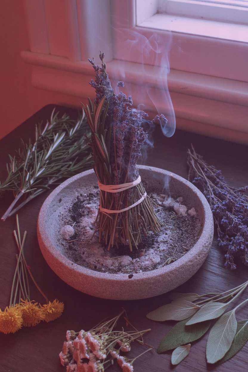 Burning herbs release smoke that maps the hidden currents of air A tied bundle of dried lavender and rosemary smolders in a grey ceramic bowl, releasing white smoke that becomes visible architecture in the air. Fresh rosemary sprigs and silvery bay leaves wait nearby while a dried orange marigold rests in the corner. The smoke reveals how energy moves through space during cleansing work.