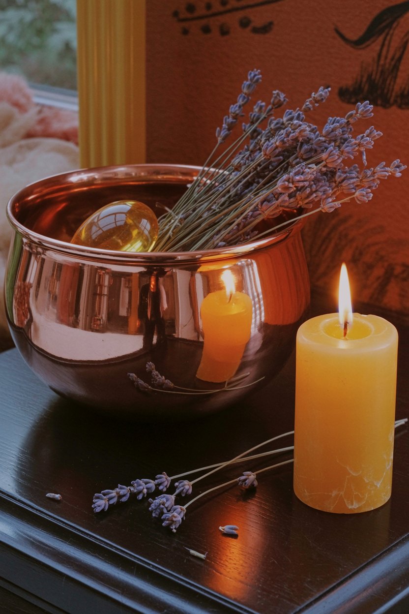 Copper bowl doubles the lavender effect when test anxiety hits hard Copper conducts electricity and amplifies plant properties when you're working calming magic. That golden sphere in the bowl represents the knowledge you're building. Two lit candles mean two stages: studying now, recalling later. The scattered lavender petals on the wood show this setup has been used multiple times, not staged for a photo. Medieval alchemists kept polished metal bowls on their desks and stared into them when they needed to reset attention between study sessions. Same principle, still works.