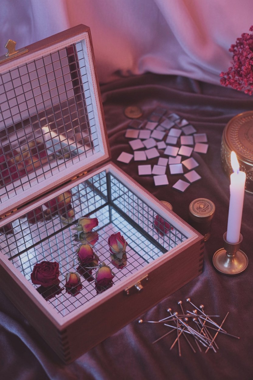 Dried roses rest inside the mirror lined box while candlelight multiplies in reflection A wooden box with grid-patterned lid sits open on burgundy velvet, its interior holding dried burgundy and deep red roses. Small square mirror tiles scatter across the fabric while a white taper candle burns in a brass holder, its flame reflecting in the mirrors. Dried red berries cluster in the corner, showing materials for building a deflection container.
