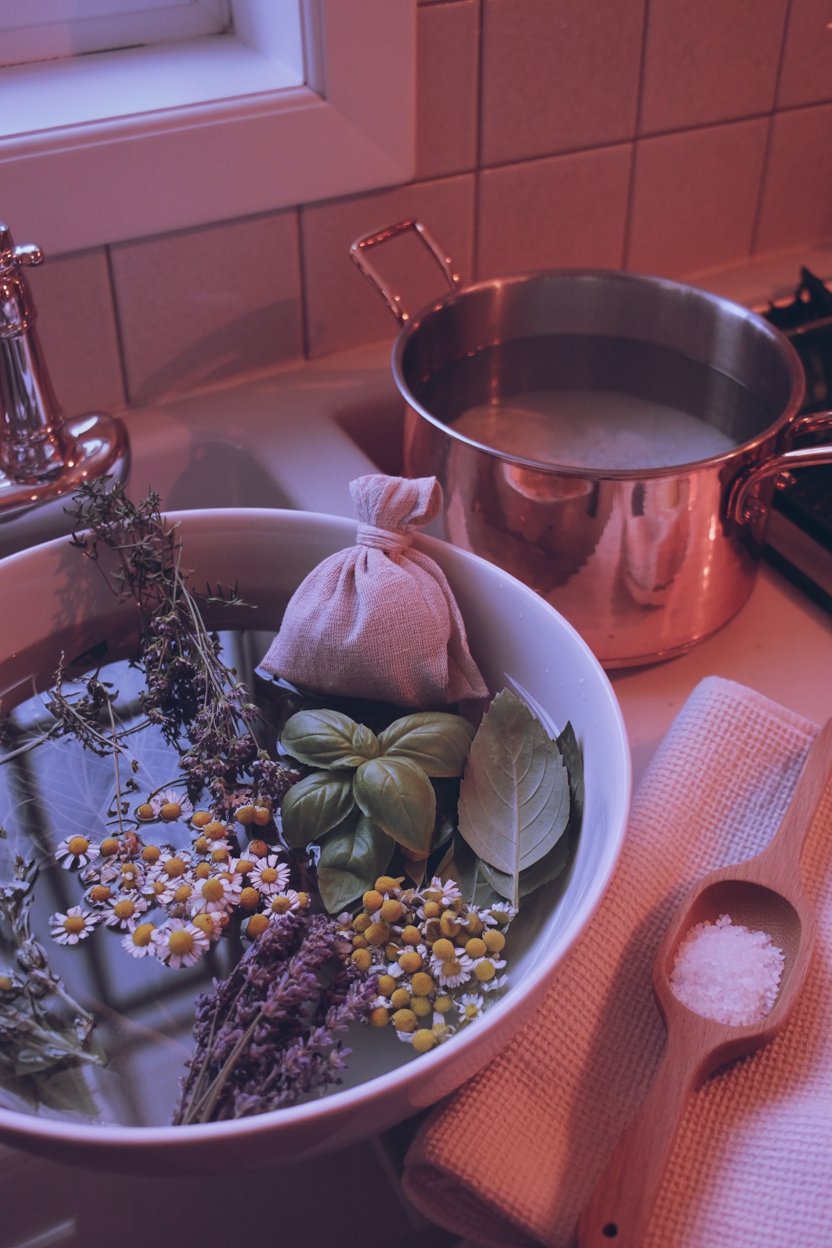 Fresh herbs steep in the ceramic bowl before dissolving into bath water A white ceramic bowl holds purple lavender sprigs, bright green basil leaves, white and yellow daisies, and a pink linen sachet ready for steeping. A copper pot waits on the stove while a wooden spoon rests on checkered cloth with coarse salt, showing the preparation stage before an herbal cleansing bath.