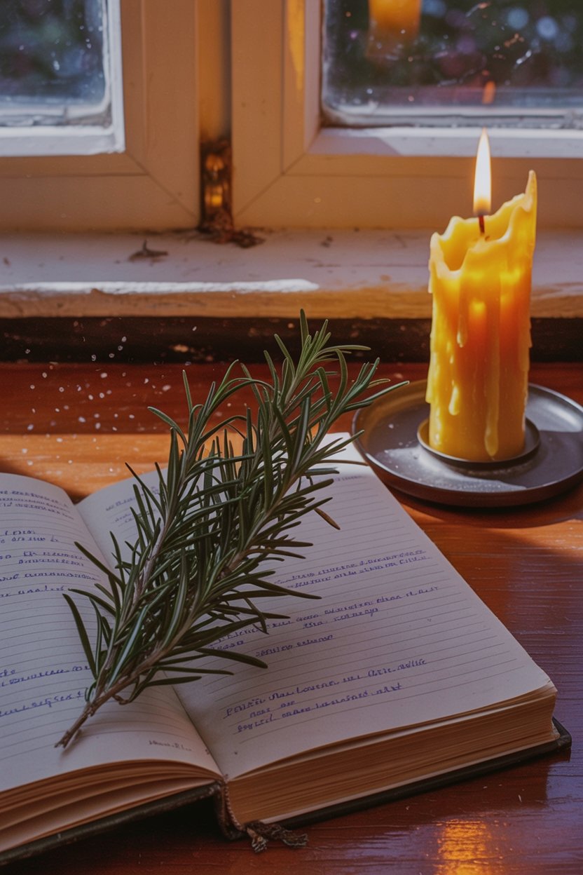 Fresh rosemary on your notebook trains your brain to remember what you write That rosemary sprig sitting on handwritten notes creates a scent link your brain will recall during the exam. Medieval students did this before oral exams. The yellow candle burning next to your work teaches your brain this time is different from scrolling Instagram. After a few sessions, just lighting that candle triggers focus. Water on the window means early morning or late night, when you're grinding through the hard stuff. The open notebook proves the spell works through actual effort, not wishes.