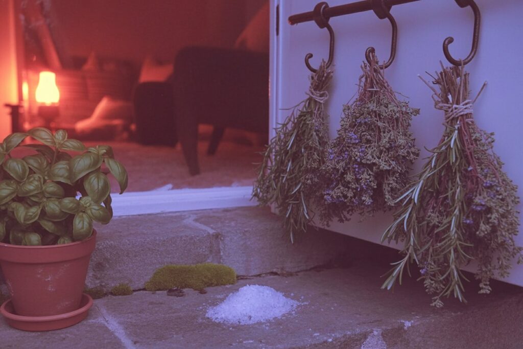 Dried lavender and rosemary bundles hang ready for cleansing work while fresh basil grows in a terracotta pot on weathered stone. White salt scattered across the threshold marks the boundary between protected space and the outside world. The warm atmospheric glow suggests ritual work beginning at dusk.