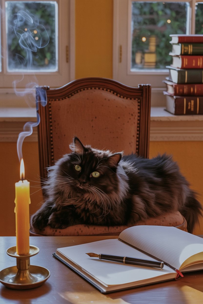 Smoke from the study candle marks when regular time becomes focus time The cat witnesses the work. Traditional magic says having a living presence in the room makes you accountable to something besides your own willpower. That smoke rising from the yellow candle marks the boundary between scrolling time and study time. The blank notebook and fountain pen wait for the actual work the ritual creates space for. Those stacked books on the windowsill represent knowledge already accumulated. Students have done this for centuries. You're part of a long chain of people who figured out how to make their brains cooperate.