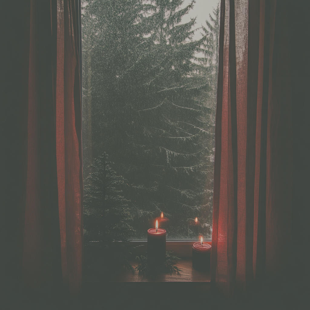 A serene winter scene featuring a cozy window adorned with deep red curtains, glowing candles, and a view of a snow-covered evergreen forest, perfect for setting the mood for a winter solstice ritual.