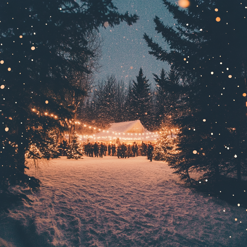 A charming Yule celebration in the woods, with strings of golden lights and snow-covered trees setting the stage for a festive and mystical winter solstice event.