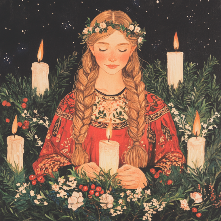 A serene young woman wearing a floral crown, surrounded by glowing candles and evergreen garlands. Her peaceful expression reflects the harmonious spirit of Imbolc, symbolizing renewal and illumination.