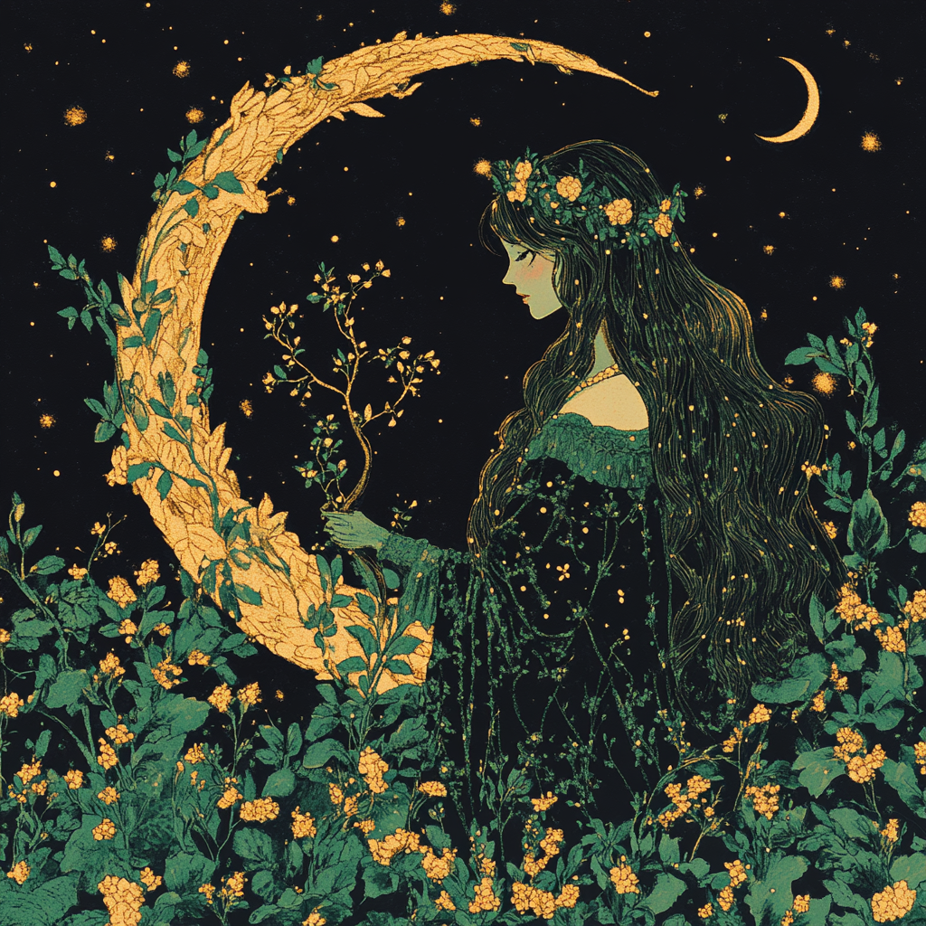A magical scene of Artemis framed by a crescent moon, surrounded by stars and blooming flowers. The crescent highlights her lunar connection, while the greenery signifies growth and harmony with nature.