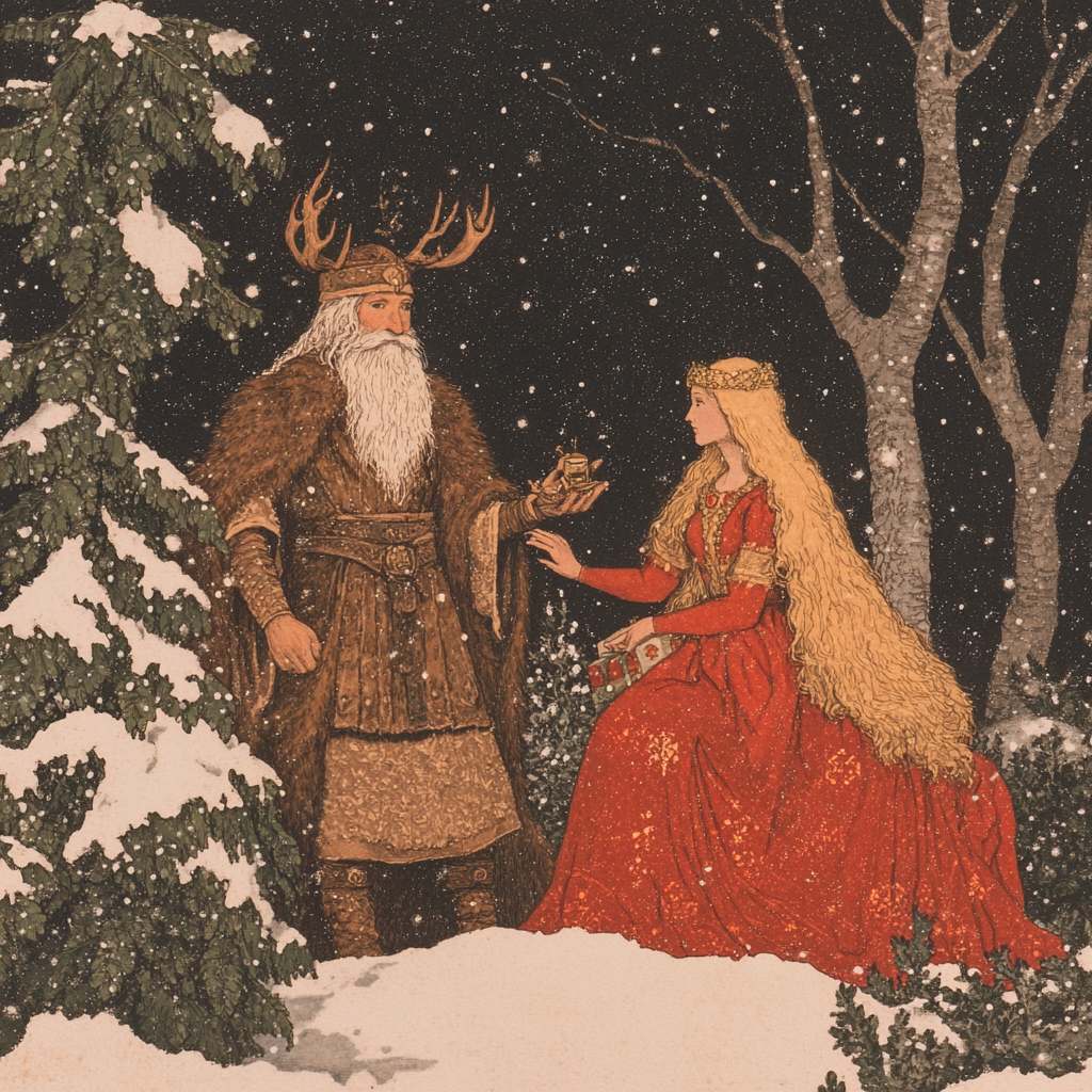 An illustration of a Yule god offering a golden chalice to a goddess dressed in a regal red gown, surrounded by a serene snowy woodland setting.