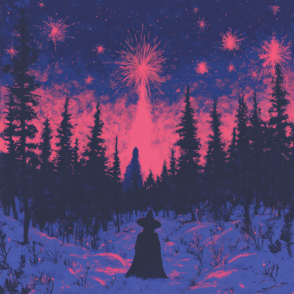 A lone figure standing in a snowy forest as vivid fireworks light up the night, evoking the power of intention and mystical energy.