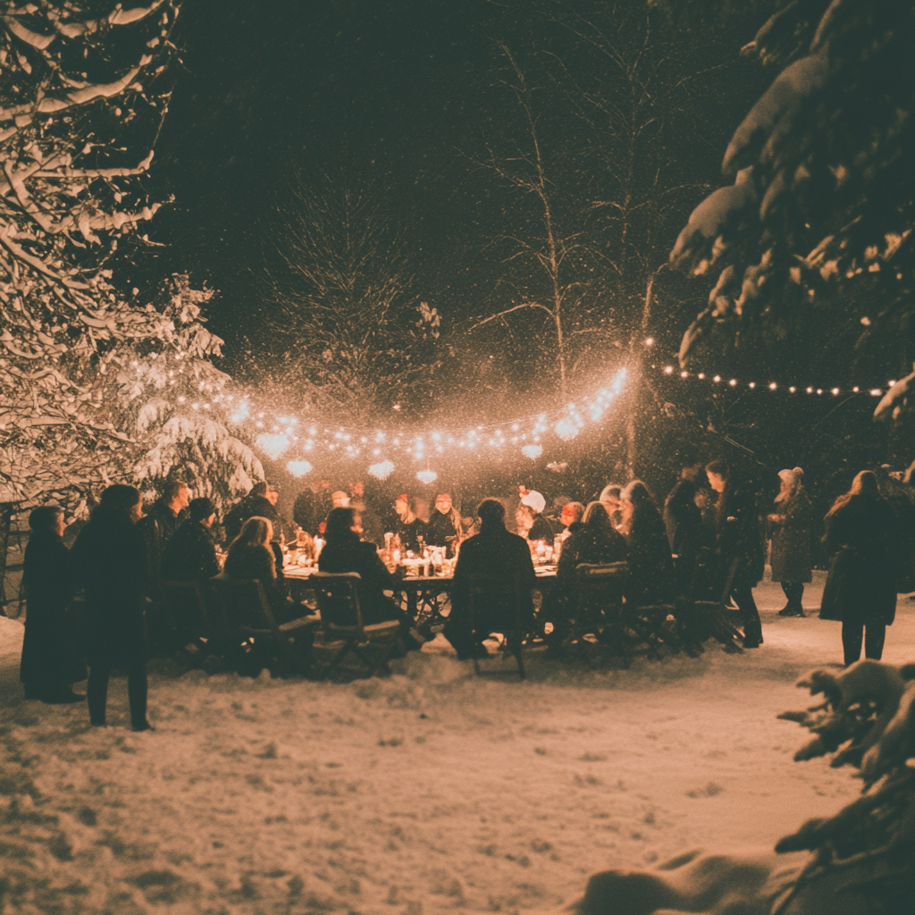 A group of people sharing a festive Yule feast outdoors on a snowy evening. String lights create a magical atmosphere among the trees as snow gently falls.