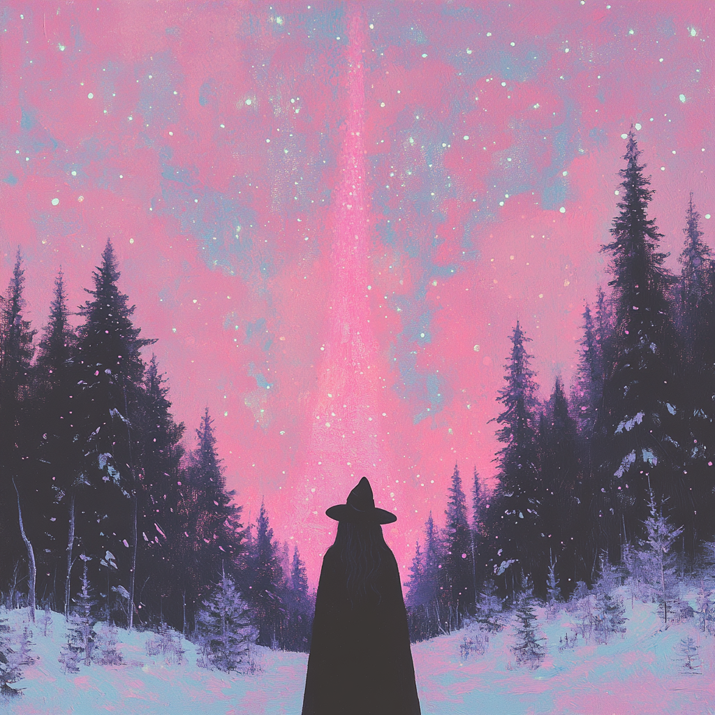 A mysterious figure in a witch's hat gazing up at a vibrant pink and blue cosmic light, embodying introspection and magical manifestation.